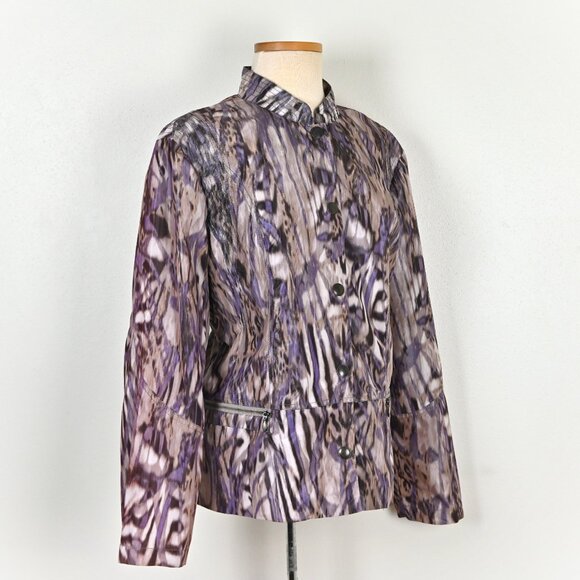 Chicos Sz3 80s Animal Print Zebra Boho Snap Zip Pocket Purple Windbreaker Jacket - Picture 1 of 16